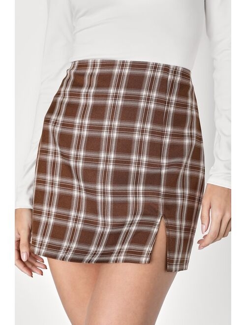 Lulus Cutest Lesson Brown Plaid High-Rise Mini Skirt