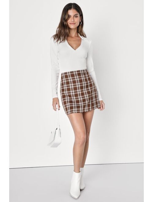 Lulus Cutest Lesson Brown Plaid High-Rise Mini Skirt