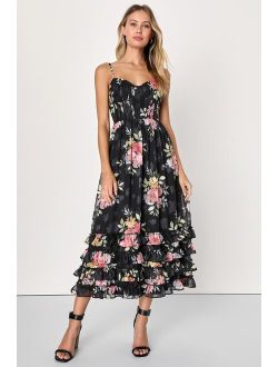 Elegant Radiance Black Floral Print Ruffled Bustier Midi Dress