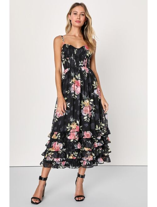 Lulus Elegant Radiance Black Floral Print Ruffled Bustier Midi Dress