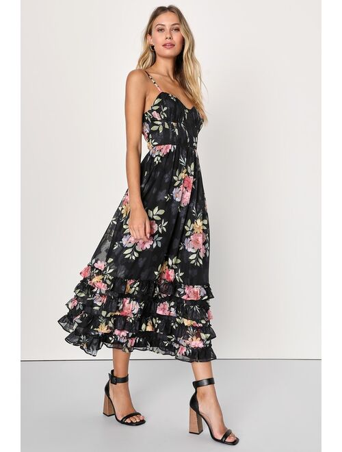 Lulus Elegant Radiance Black Floral Print Ruffled Bustier Midi Dress