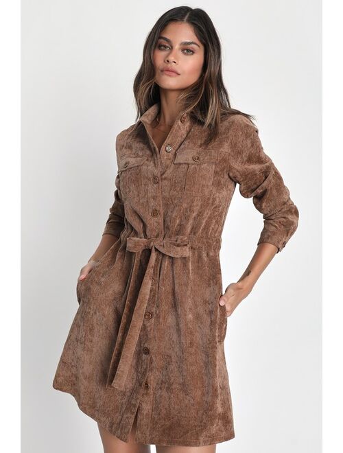 Lulus Simple Affection Brown Corduroy Mini Dress With Pockets