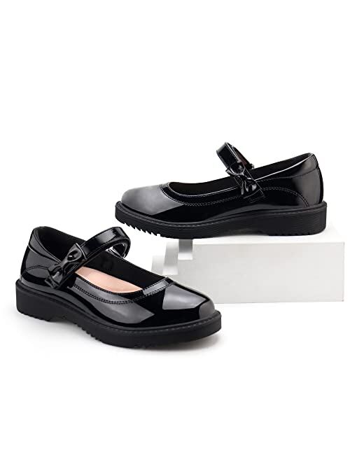 JABASIC Girls Black School Shoes Bow Oxford Mary Jane Flats