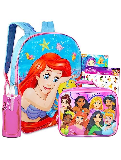 Disney The Little Mermaid Backpack and Lunch Bag - Bundle with 15 Ariel Backpack, Lunch Box, Water Bottle, Stickers, Tattoos | Little Mermaid Backpack for Kids