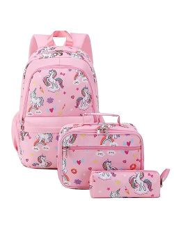 Unineovo Unicorn Girls School Backpack Set 3 in 1, Girls Pink Unicorn Bookbag, Backpack, Lunch Box, and Pencil Case for Elementary School