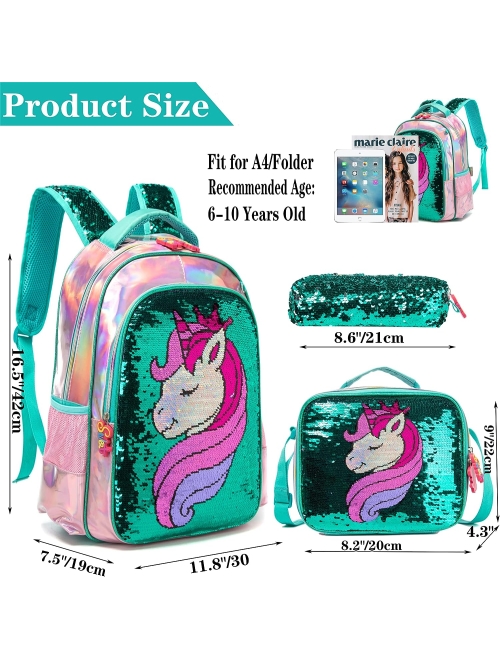 Meetbelify Girls Unicorn Reversible Sequin Backpack Set Magic Glitter Lightweight School Bookbag for Girls Kids Bling Backpack
