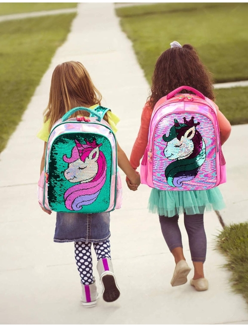 Meetbelify Girls Unicorn Reversible Sequin Backpack Set Magic Glitter Lightweight School Bookbag for Girls Kids Bling Backpack