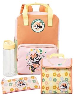 Minnie Mouse Backpack Set Kids 4 Piece | Girls Animated Character Pink School Bag Lunch Box Pencil Case Water Bottle | Magical Merchandise Gifts