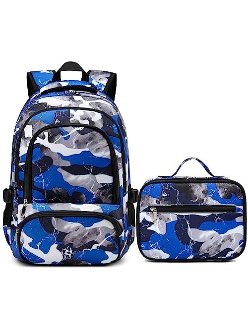 BLUEFAIRY Kids Backpack with Lunch Box for Boys Girls Elementary Middle School Backpack for Teens Child Youth Camo BookBags Sturdy Travel Gifts Mochila Para Ninos 17 Inch