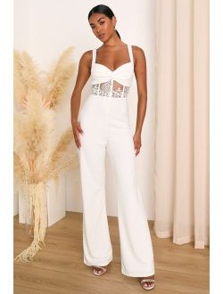 Adore the Feeling White Sheer Lace Bustier Twist-Front Jumpsuit