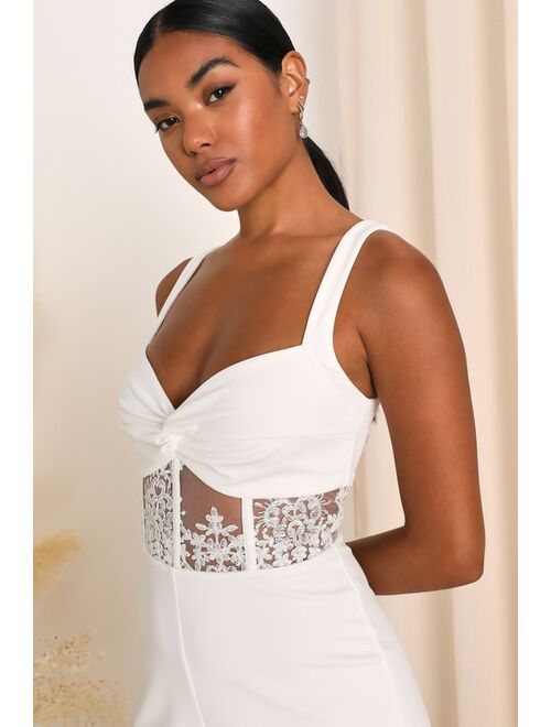 Lulus Adore the Feeling White Sheer Lace Bustier Twist-Front Jumpsuit