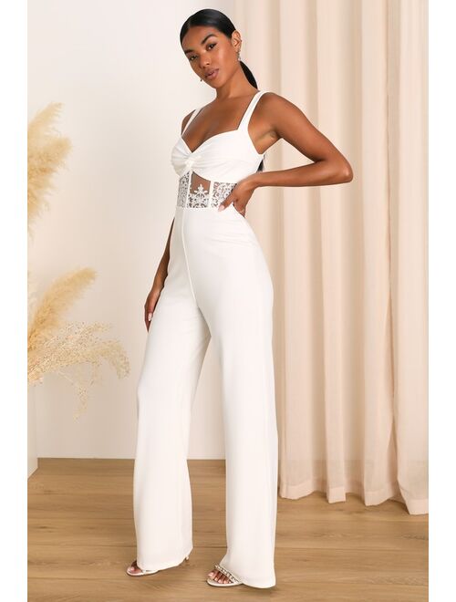 Lulus Adore the Feeling White Sheer Lace Bustier Twist-Front Jumpsuit