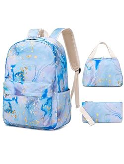 Sunborls Backpack for Teen Girls Lightweight High-Capacity Student Bookbag Women Backpack With Lunch Bag Pencil Bags Student Bookbags 3pcsMarble White