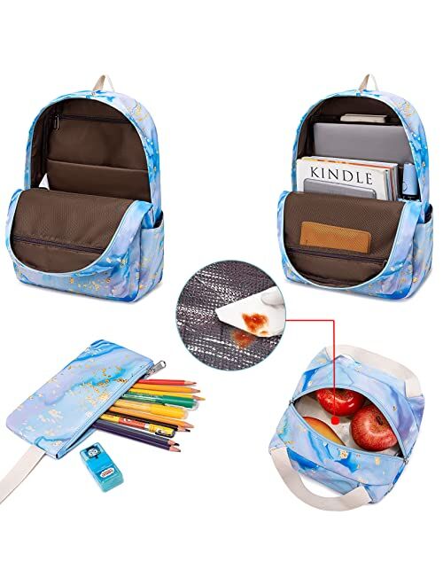 Sunborls Backpack for Teen Girls Lightweight High-Capacity Student Bookbag Women Backpack With Lunch Bag Pencil Bags Student Bookbags 3pcsMarble White