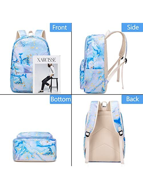 Sunborls Backpack for Teen Girls Lightweight High-Capacity Student Bookbag Women Backpack With Lunch Bag Pencil Bags Student Bookbags 3pcsMarble White