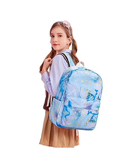 Sunborls Backpack for Teen Girls Lightweight High-Capacity Student Bookbag Women Backpack With Lunch Bag Pencil Bags Student Bookbags 3pcsMarble White