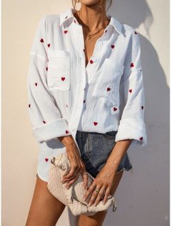 Frenchy Heart Embroidery Pocket Patched Drop Shoulder Shirt