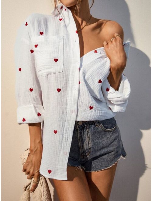 SHEIN Frenchy Heart Embroidery Pocket Patched Drop Shoulder Shirt