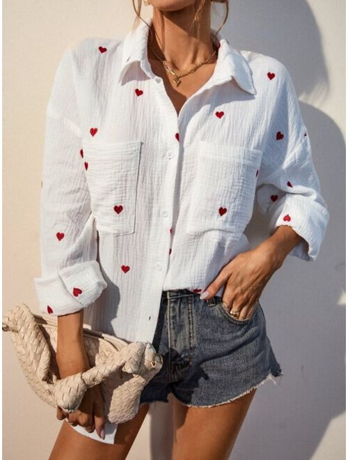 SHEIN Frenchy Heart Embroidery Pocket Patched Drop Shoulder Shirt