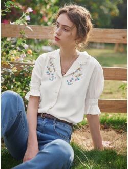 Floral Embroidery Frill Trim Shirred Cuff Blouse