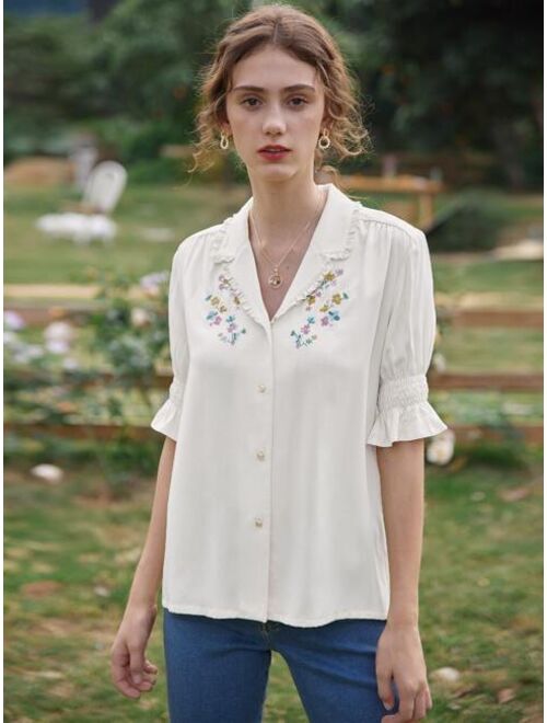 Floral Embroidery Frill Trim Shirred Cuff Blouse