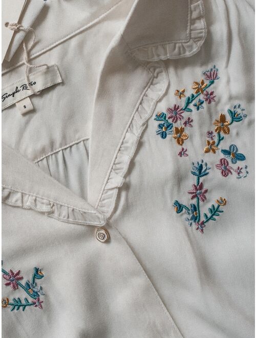 Floral Embroidery Frill Trim Shirred Cuff Blouse