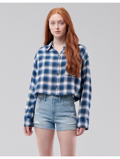 Hollister cropped button down shirt in blue plaid