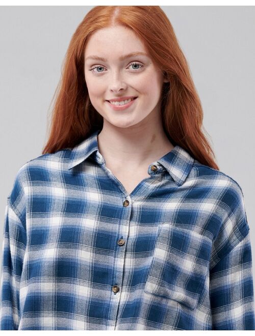 Hollister cropped button down shirt in blue plaid