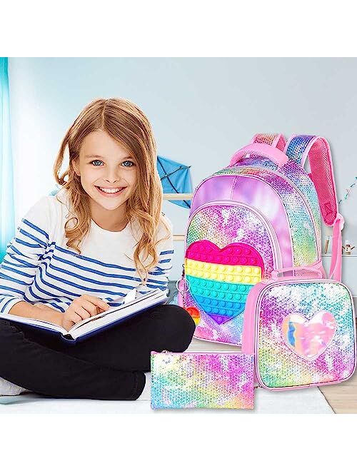 CCJPX 3PCS Girls Backpack, 16 Kids Unicorn Sequin Bookbag and Lunch Box for Kindergarten Elementary