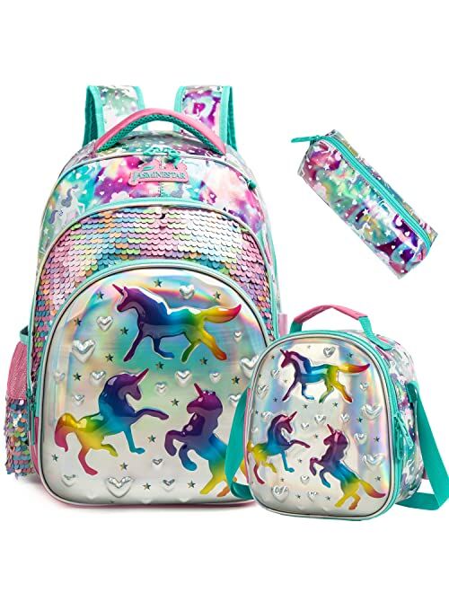 Meetbelify Backpack for Girls 16" Backpacks for Girls for School Sequin Backpack with Lunch Box for Elementary Students