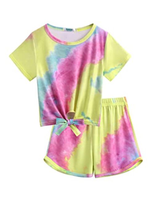 Yimoroe Girls Summer Shorts Set Kids 2Pcs Tie Dye Sport T-Shirt and Shorts Set Floral Print Clothing Sets