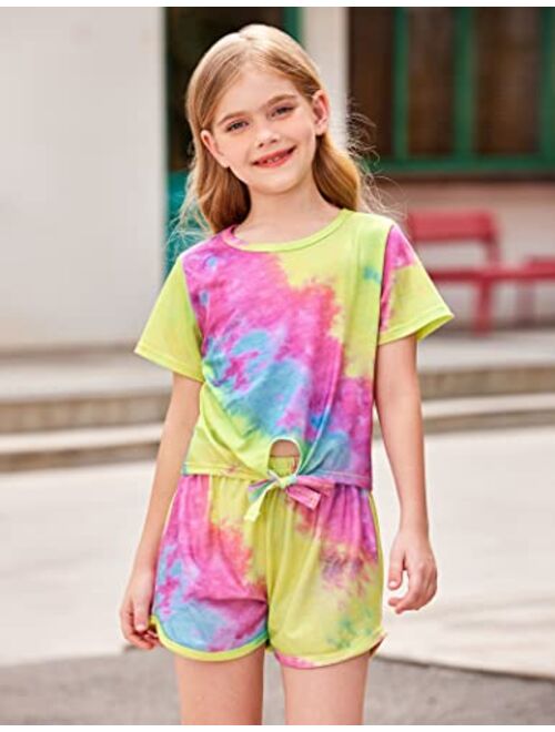 Yimoroe Girls Summer Shorts Set Kids 2Pcs Tie Dye Sport T-Shirt and Shorts Set Floral Print Clothing Sets
