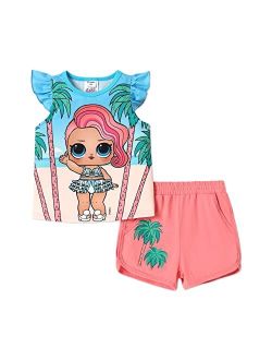 L.O.L. Surprise! Girls Clothes Set Doll Print Ruffle Sleeve Tee Top T-shirt and Shorts Kids Girl Clothes