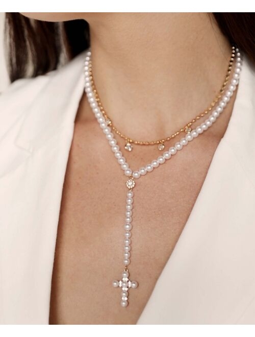 ETTIKA Imitation Pearl Cross Drop Lariat 18K Gold Plated Necklace Set, 2 Pieces