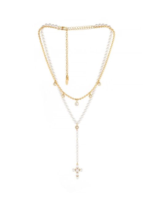 ETTIKA Imitation Pearl Cross Drop Lariat 18K Gold Plated Necklace Set, 2 Pieces