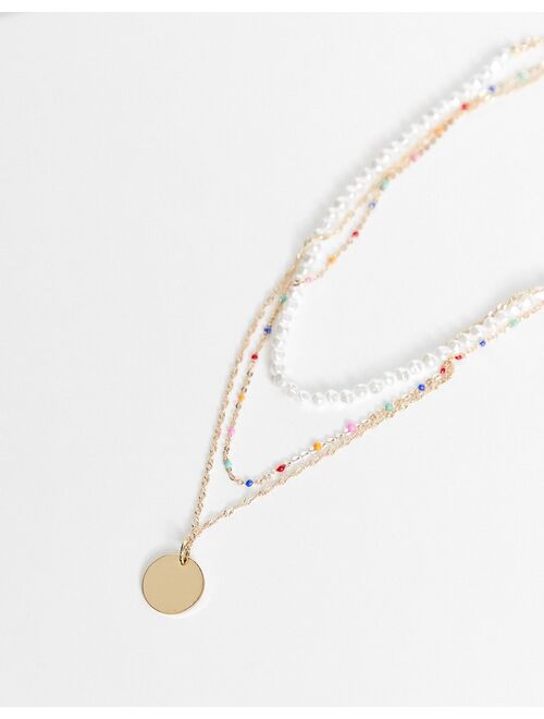 ASOS DESIGN multirow necklace with rainbow bead and pearl design in gold tone