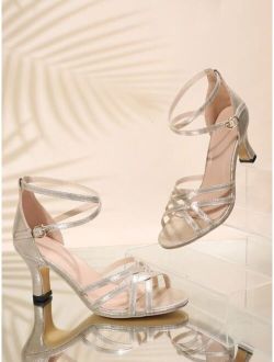 Women Metallic Crossover Strap Chunky Heeled Ankle Strap Sandals, Glamorous Party Heeled Sandals