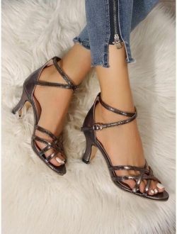 Women Metallic Crossover Strap Chunky Heeled Ankle Strap Sandals, Glamorous Party Heeled Sandals