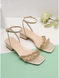 Party Golden Solid Women Bead Decor Chunky Heeled Ankle Strap Sandals, Fashion Summer Heeled Sandals