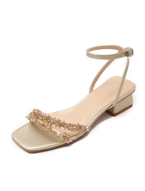 Shein Party Golden Solid Women Bead Decor Chunky Heeled Ankle Strap Sandals, Fashion Summer Heeled Sandals