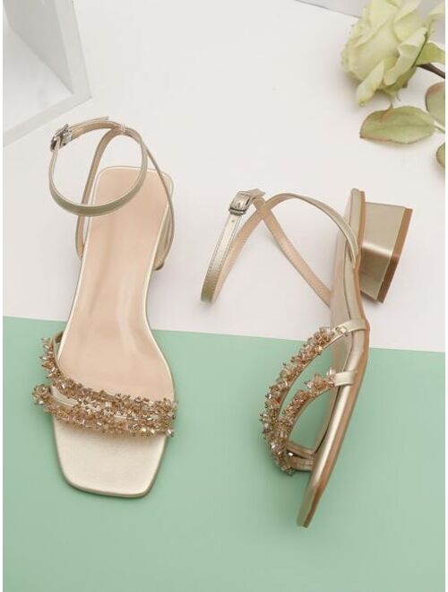 Shein Party Golden Solid Women Bead Decor Chunky Heeled Ankle Strap Sandals, Fashion Summer Heeled Sandals