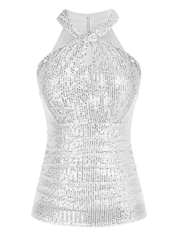 Sequin Tops for Women Elegant Halter Tops Sparkle Tank Shimmer Party Club Cocktail Slim Fit Ruched Tops
