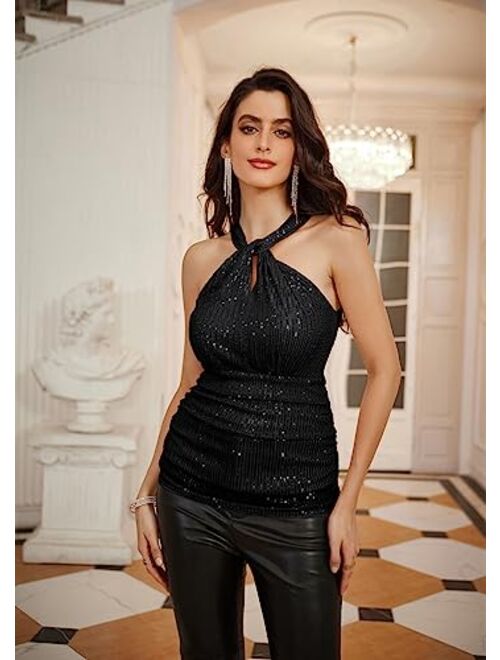 GRACE KARIN Sequin Tops for Women Elegant Halter Tops Sparkle Tank Shimmer Party Club Cocktail Slim Fit Ruched Tops
