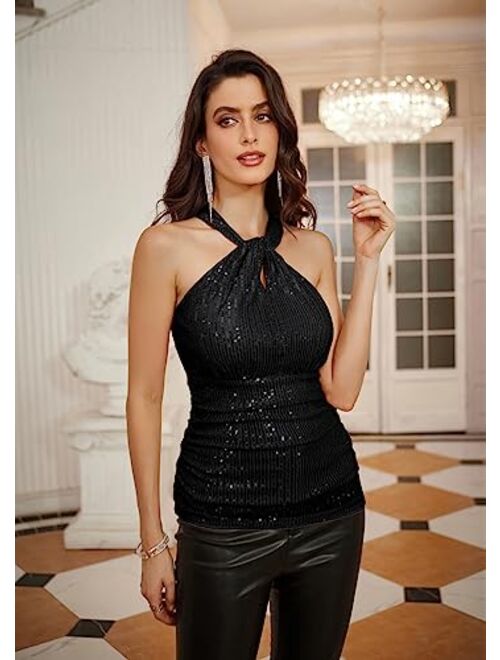 GRACE KARIN Sequin Tops for Women Elegant Halter Tops Sparkle Tank Shimmer Party Club Cocktail Slim Fit Ruched Tops