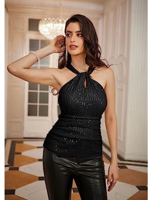 GRACE KARIN Sequin Tops for Women Elegant Halter Tops Sparkle Tank Shimmer Party Club Cocktail Slim Fit Ruched Tops