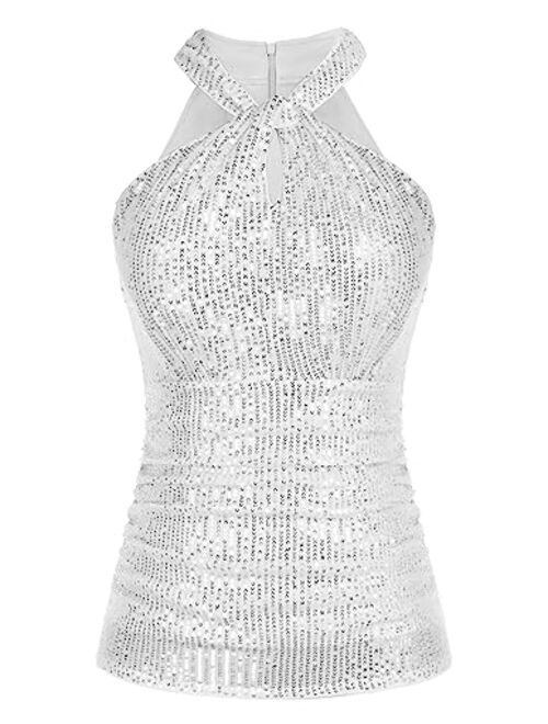 GRACE KARIN Sequin Tops for Women Elegant Halter Tops Sparkle Tank Shimmer Party Club Cocktail Slim Fit Ruched Tops