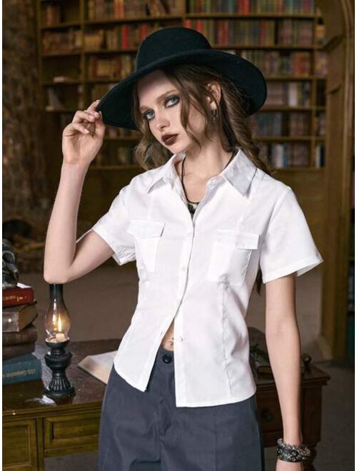 ROMWE Shein Academia Solid Button Front Shirt