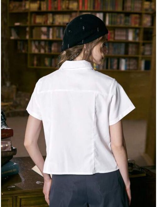 ROMWE Shein Academia Solid Button Front Shirt