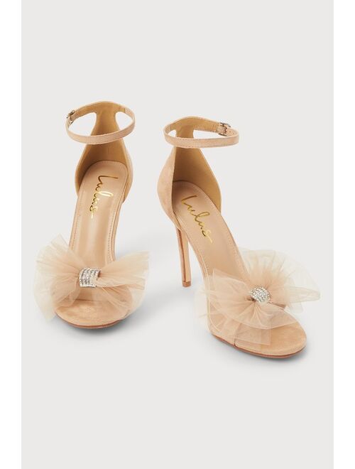 Lulus Rexie Light Nude Suede Bow Pointed-Toe Ankle Strap Heels