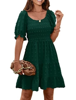 Women's Summer Dresses Casual Square Neck Short Puff Sleeve Swiss Dot Flowy A Line Swing Dress